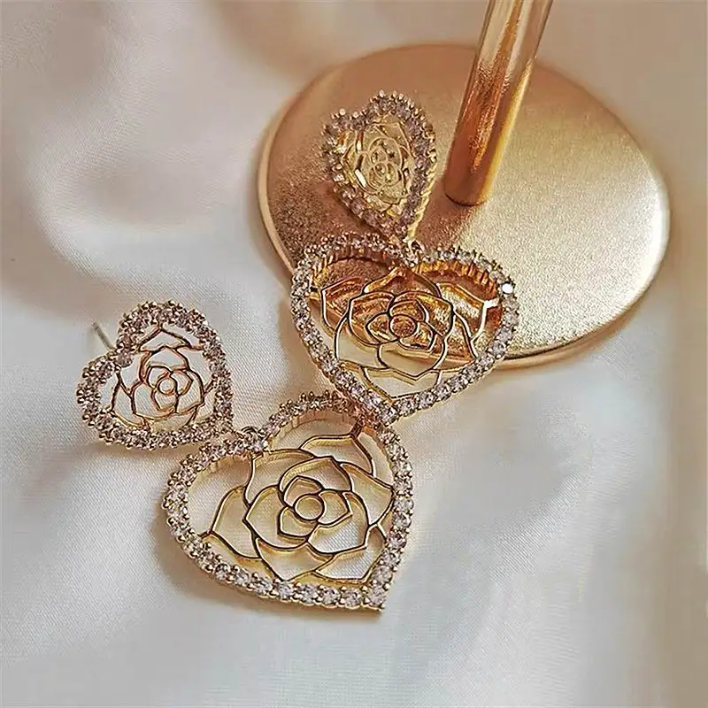 

Hollow Out Rose Flower Heart Drop Earrings For Women Korean Style Double Layers Chic Jewelry Earings Wholesale