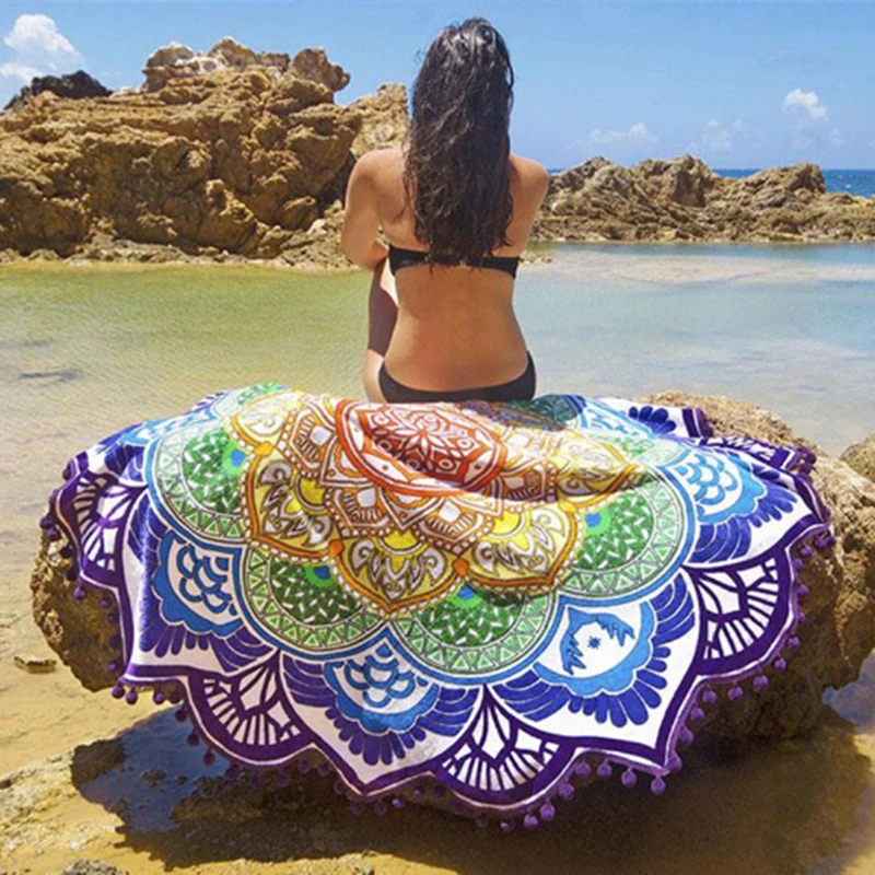 WomenSoft Sunbath Round Beach Towels Sun bath Bohemian Style Print Ball Tassel Blanket Yoga Mat Dress Bath Towel | Дом и сад