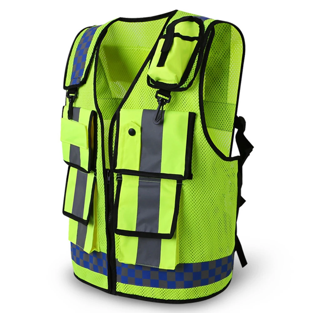 

High Visibility Safety Vest Protective Front Zipper With Reflective Strips Working Adjustable Sport Device Multi Pockets Cycling