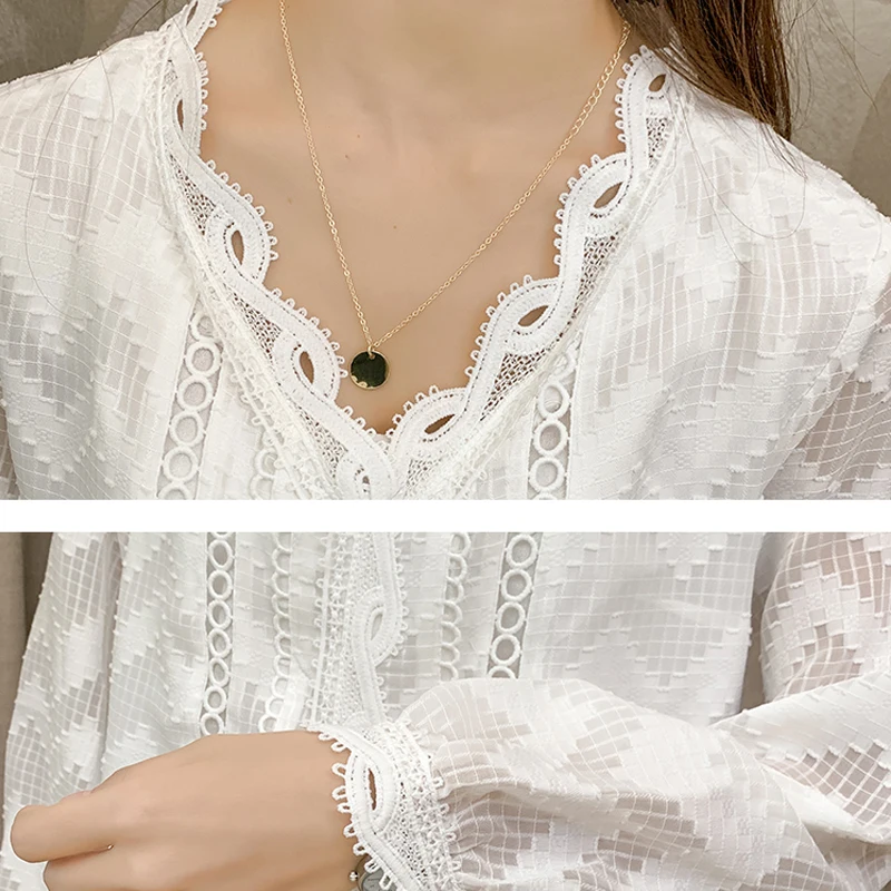 

New Fashion V-neck Lace Shirts Elegant Lantern Long Sleeve Chiffon White Blouse Woman 2021 Vintage Loose Button Top Blusas 10982