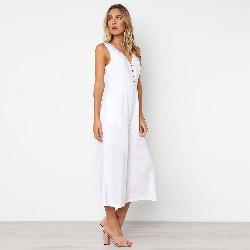 SWEETKAMA Jumpsuits Women Casual Cotton Linen Rompers Womens Jumpsuit Summer V Neck High Waist Wide Leg Jumpsuits White