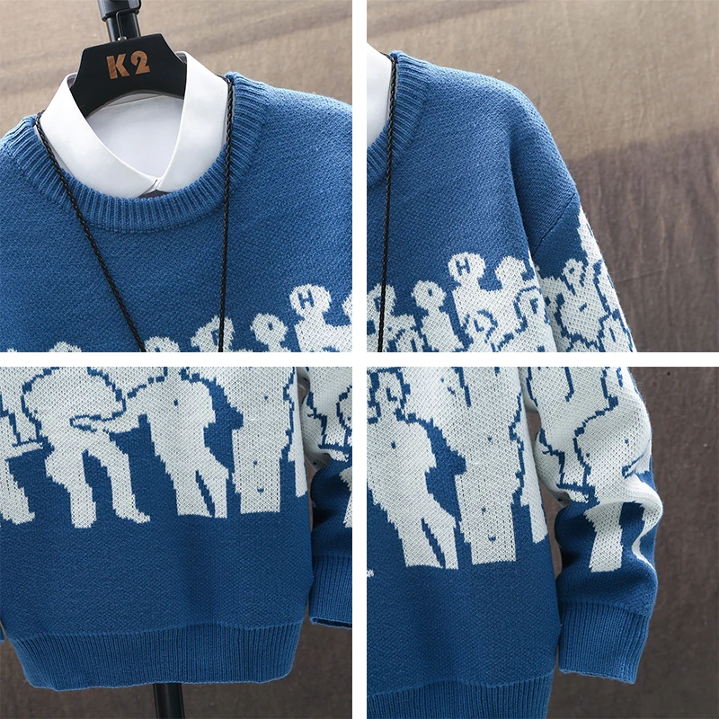 

2021 New Sweater Men Street Cartoon Pattern Hip-hop Autumn Cotton O-neck Loose Oversized Pullover Casual Men's Sweater