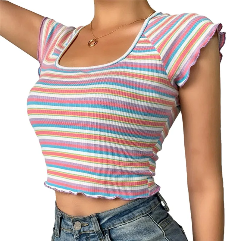 Женский укороченный топ в радужную полоску Повседневная Клубная футболка с