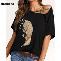 cashiona women elegant leisure casual t shirt hollow out sleeve model feather print womens top 2021 summer irregular tees shirt