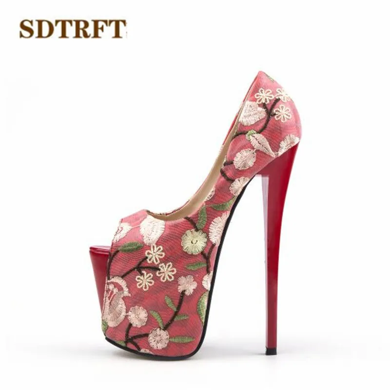 

Туфли SDTRFT женские с вышивкой, пикантные красные туфли-лодочки на тонком высоком каблуке 20 см, с открытым носком, очень большие размеры: 34-48 49 ...
