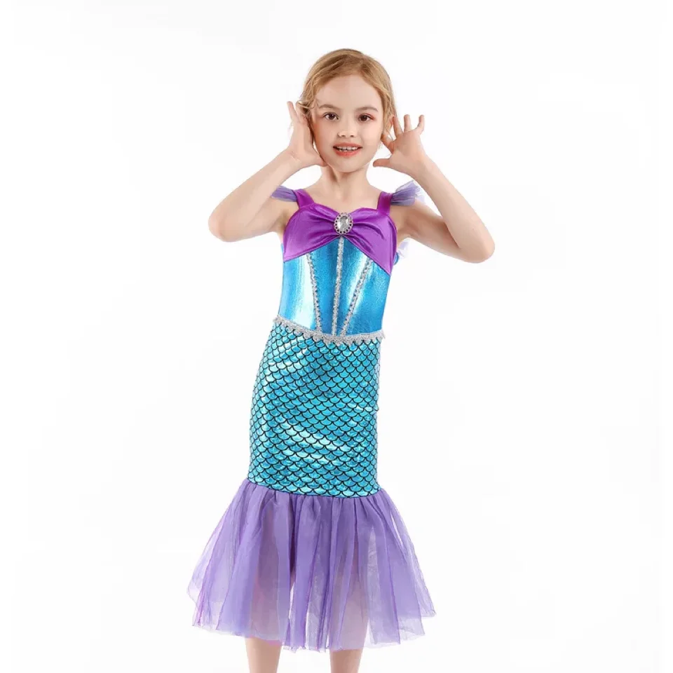 

Princess Dress Sequins Little Mermaid Cosplay Costume Fancy Girls Clothes Kids Scale Beach Party Outfit Cosplay Halloween