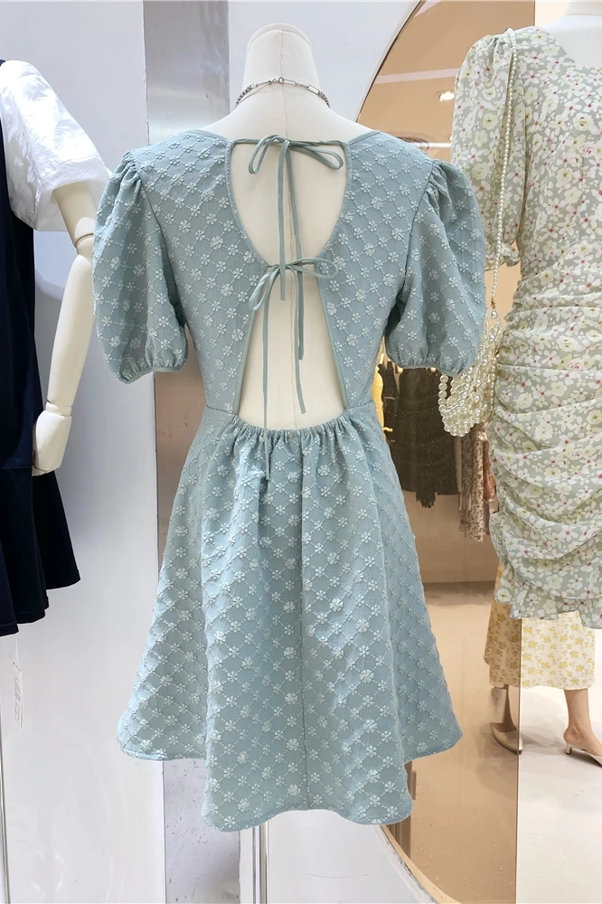 

Sweet Sexy Short Puff Sleeve Backless Lace Up Short A-line Dress 2021 Summer Women Waist-slimming Solid Color Dress for Lady