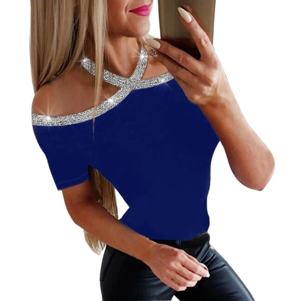 Blue 1 Женская рубашка, топы с длинным рукавом, корейский стиль, винтажная женская футболка, черная рубашка с пайетками, с открытыми плечами, осенние женские топы, блузка - Цвет: Blue 1