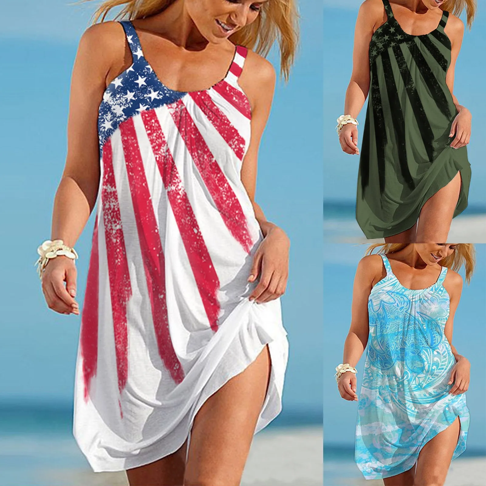 

Independence Day Women's Casual Sleeveless Tank Top Printed Knee Length Dress Robe Femme Summer Dress 2021