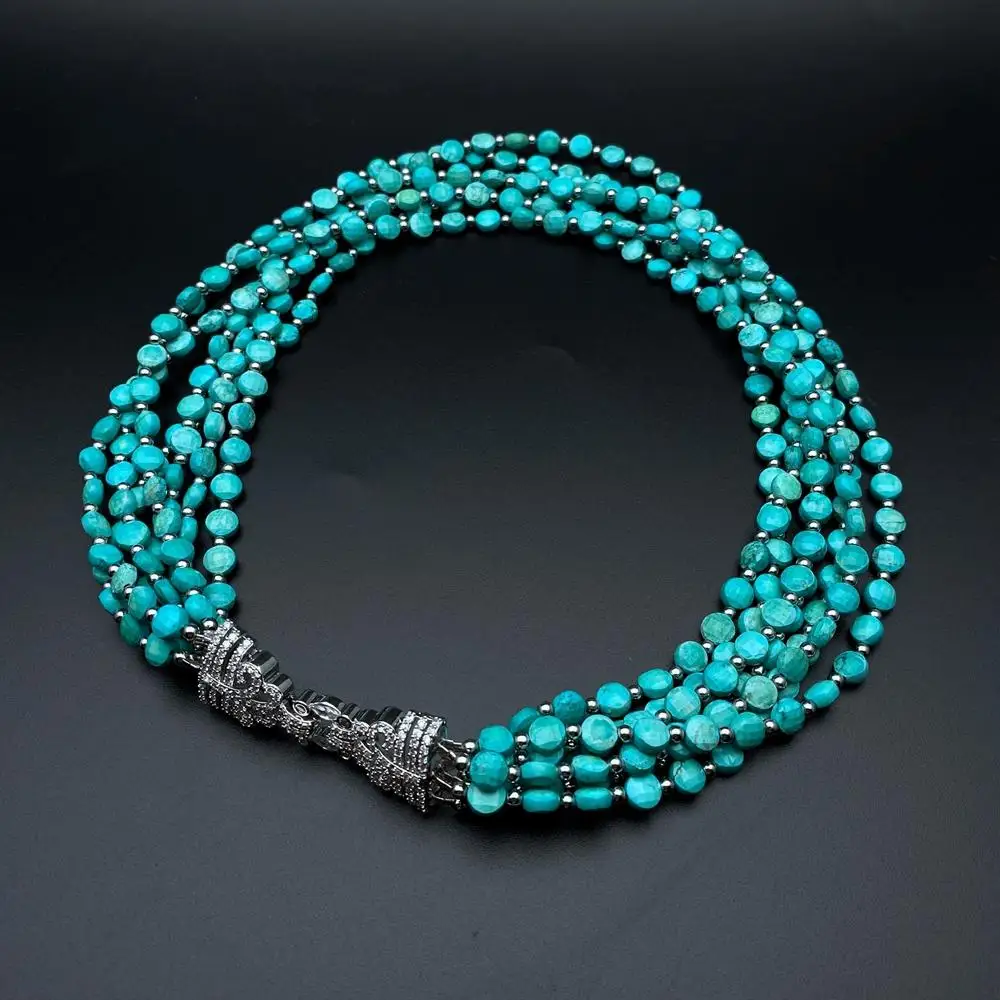 

Y·YING 7 Rows Faceted Coin Shape Green Turquoise Necklace Cubic Zirconia Pave Clasp