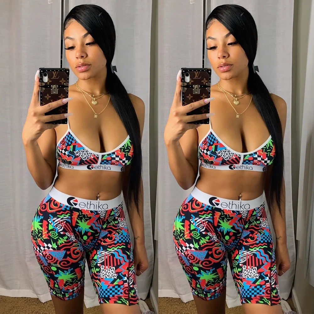 

New casual beach print women's suit summer slim U-neck sleeveless suspender bra and shorts two piece set