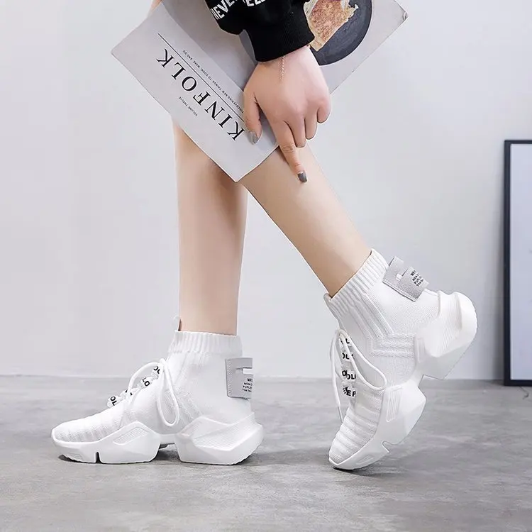 

2020 Autumn New High-top Platform Sneakers Women Knitted Casual Shoes Woman Sneakers Air Mesh Chunky Trainers Dad Shoes