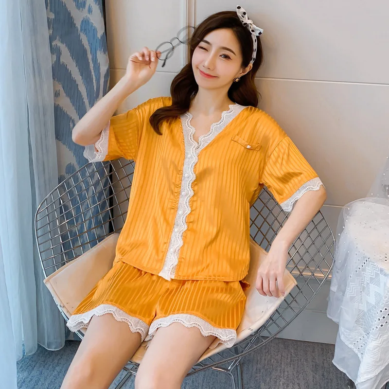 Summer Women's Pajamas Sets Ice Silk Solid Sexy Nightwear V-Neck Lace Short Sleeve Nightgown Home Wear Sleepwear Loungewear