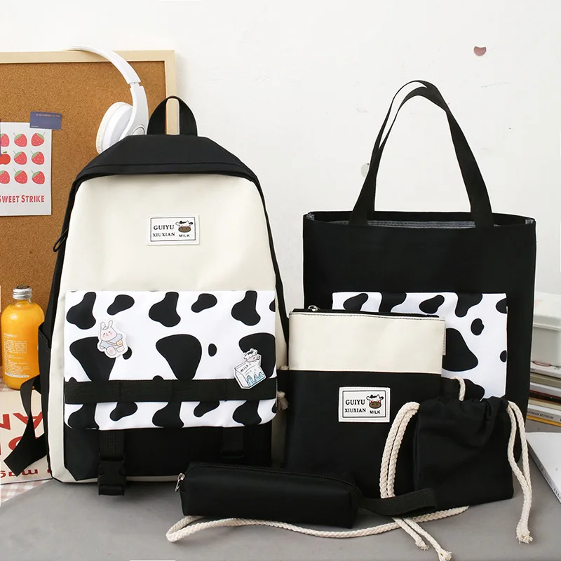 

2021 Preppy Style 5Pcs/set Canvas Laptop Backpacks Women School Bags for Teenage Girls Book Bag Students Travel Backpacks