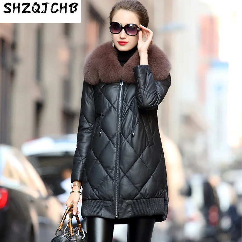

SHZQ осенне-зимняя кожаная куртка, модное женское среднее и длинное пальто из овечьего меха, новое пальто из лисьего меха