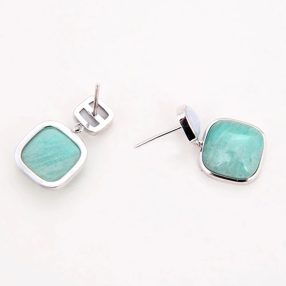 

Natural Square Green Amazonite Blue Chalcedony Drop Stud Earrings