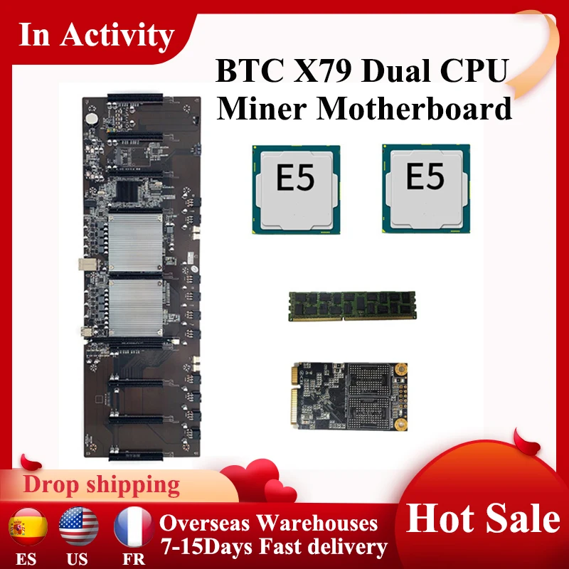 

BTC X79 Dual CPU Miner Motherboard DDR3 8 PCI-E X16 with E5-2620 CPU RECC 8G DDR3 Memory 120G MSATA SSD For Support 3060 GPU