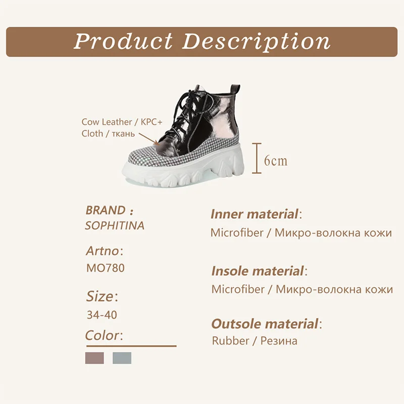 

SOPHITINA Women Platform Shoes Fashion Gingham Genuine Leather Patchwork Ankle Boots Round Toe High Heel Female Boots MO780