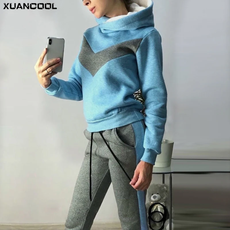 

XUANCOOL 2021 Winter Sportswear Jogging Suit Women Keep Warm Thicken Clothes Long Sleeve Hoodie and Pants Two Piece Set Outfits