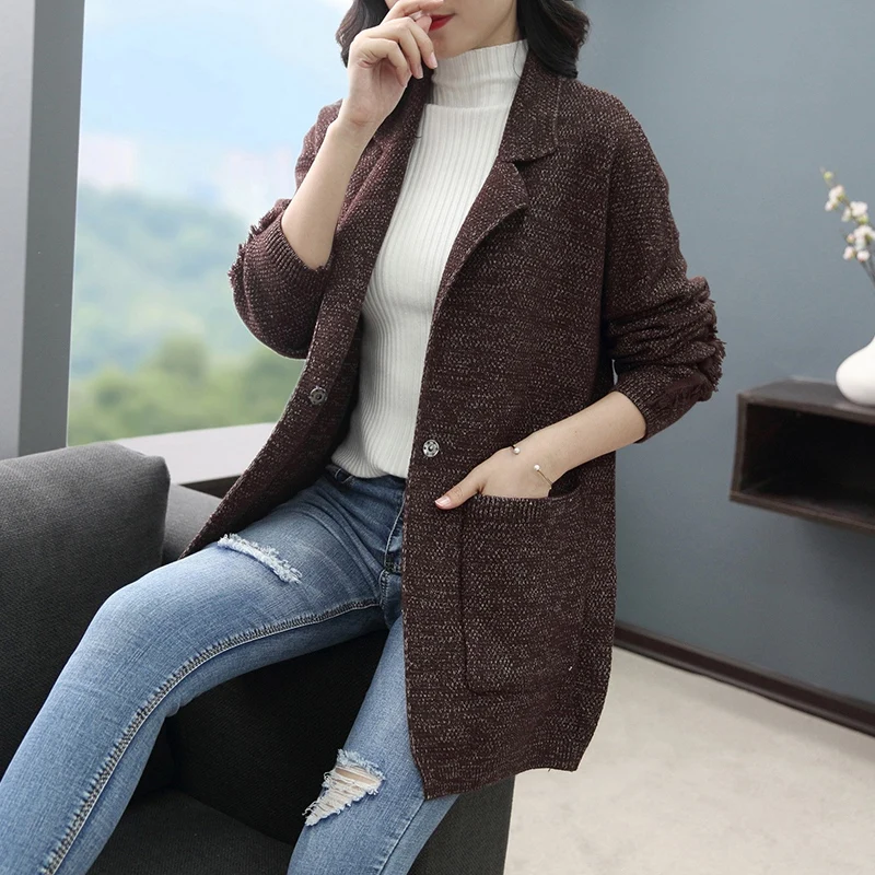 Вязаный кардиган женский с карманами свитер куртка-m0570-9276 - Цвет: brown