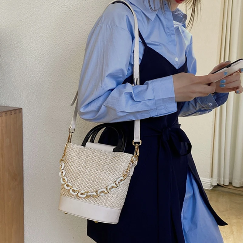 

Women's Woven Bag Tote New Style Straw Woven Beach Messenger Shoulder Bag Female Travel Shopping Handbag Clutchbag Beige