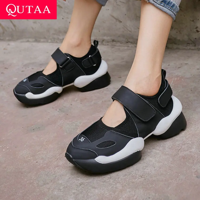 

QUTAA 2021 Round Toe Cut Outs Fashion Ladies Sneakers Spring Summer Genuine Leather Mesh Hook&Loop Women Shoes Size 34-42