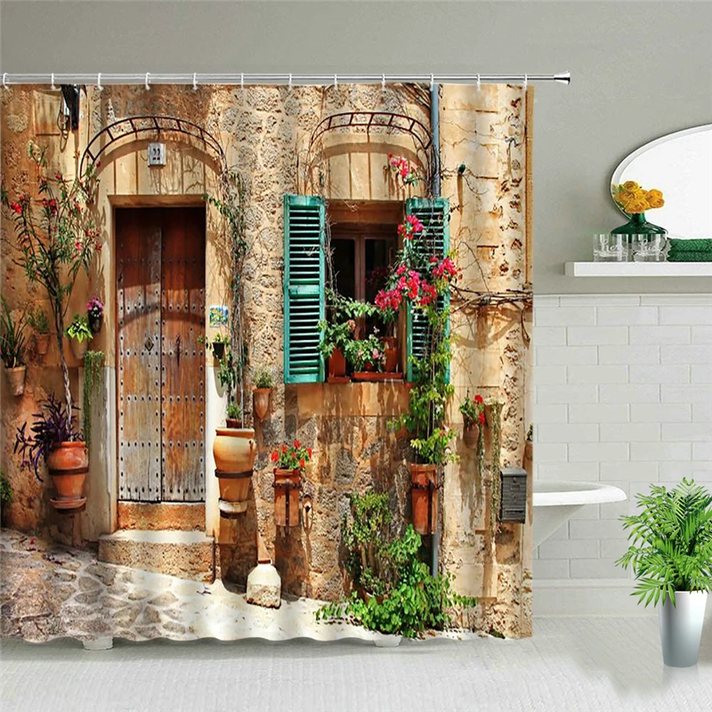 

Beautiful Street Scenes Of The Town Shower Curtain Flower Waterproof Polyester Fabric Bathroom Curtains For Home Decor