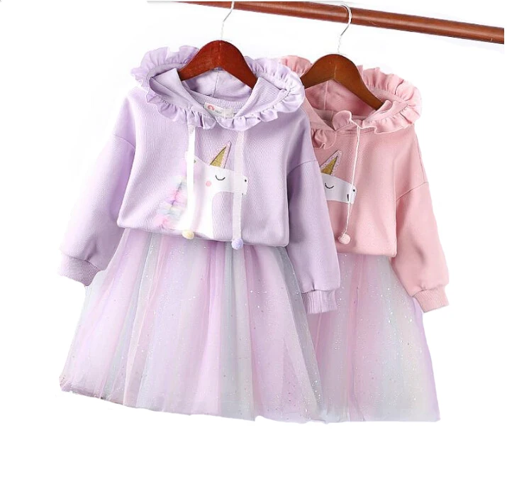 

Unicorn Girls Clothing Set Spring Little Pony Hooded + Mesh Skirt 2pcs Suit For Kids Birthday Present Toddler Children Clothes