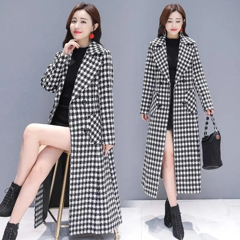 

New Women's Coats 2021 Spring Autumn Plaid Woolen Coat Over Knee Winter Jackets Single-breasted Houndstooth Temperament Outwear