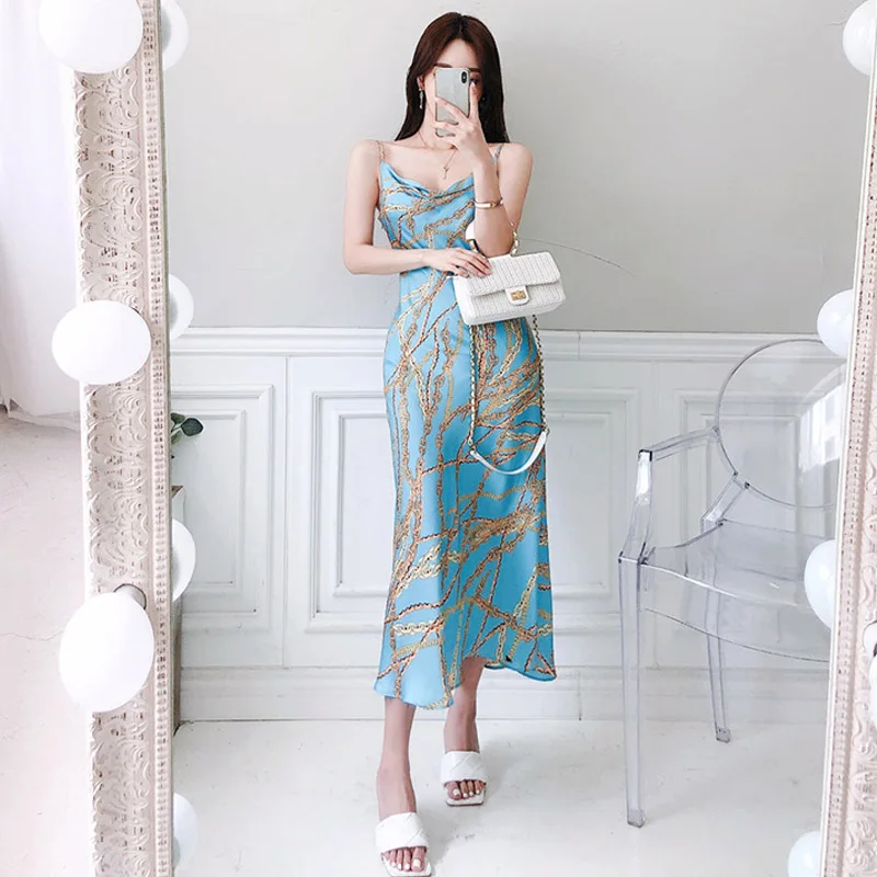 

Printed suspender skirt summer 2020 new French style thin and feminine sexy backless acetate satin dress