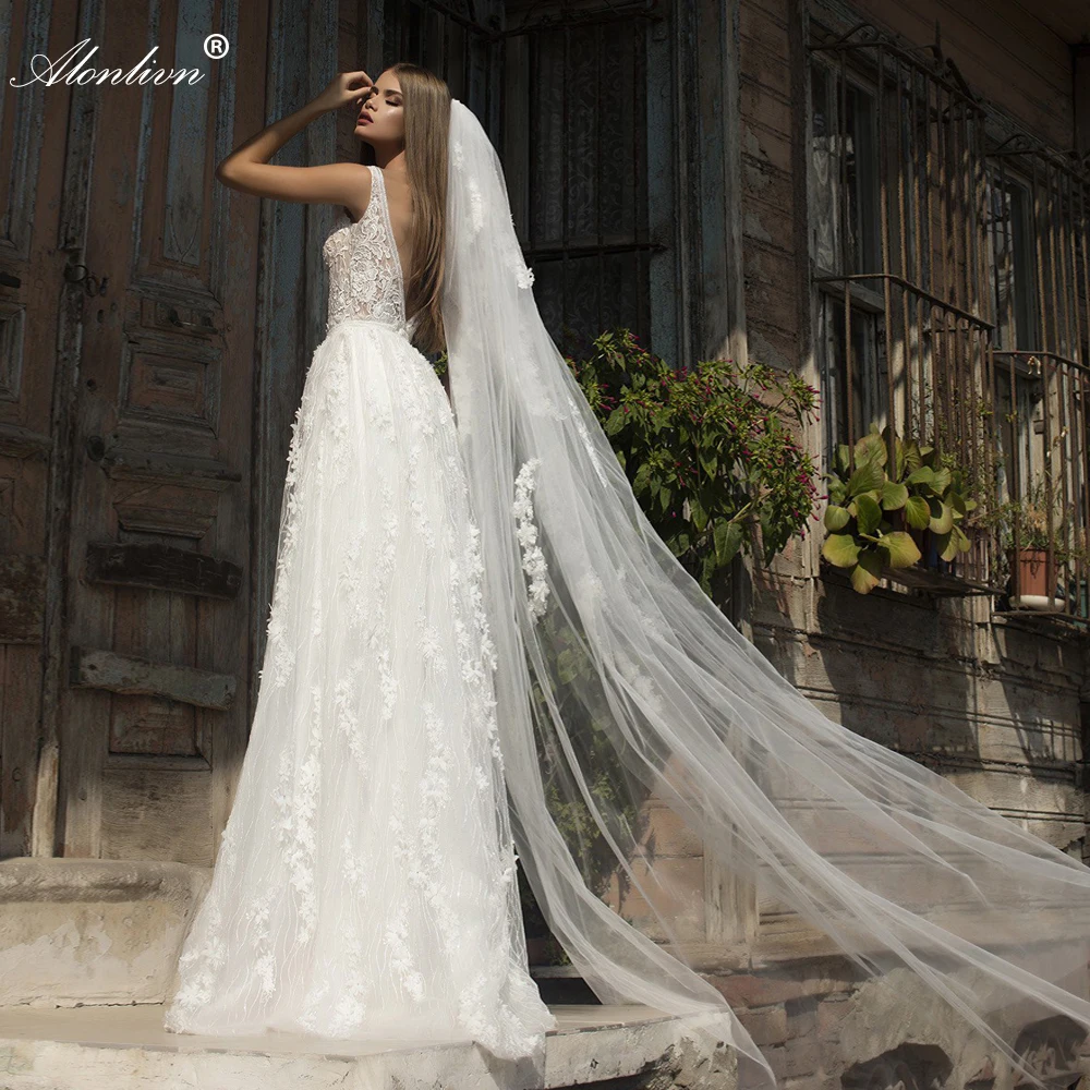 

Alonlivn новый стиль ТРАПЕЦИЕВИДНОЕ свадебное платье 2020 Vestidos de Boda глубокий v-образный вырез сексуальные 2 в 1 Свадебные платья без рукавов, с низк...