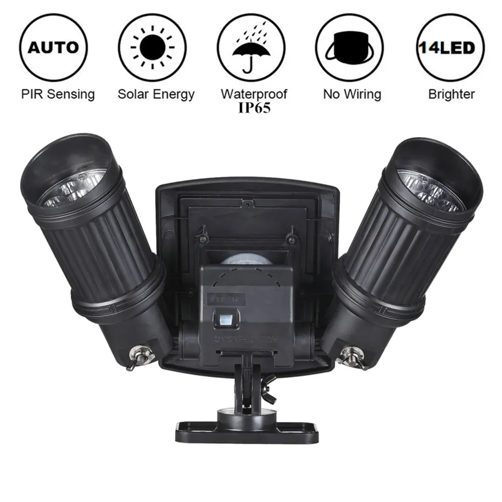 

14LED Солнечная аварийная зарядная лампа с двумя головками Настенные светильники водонепроницаемый PIR датчик движения Открытый сад Солнечны...
