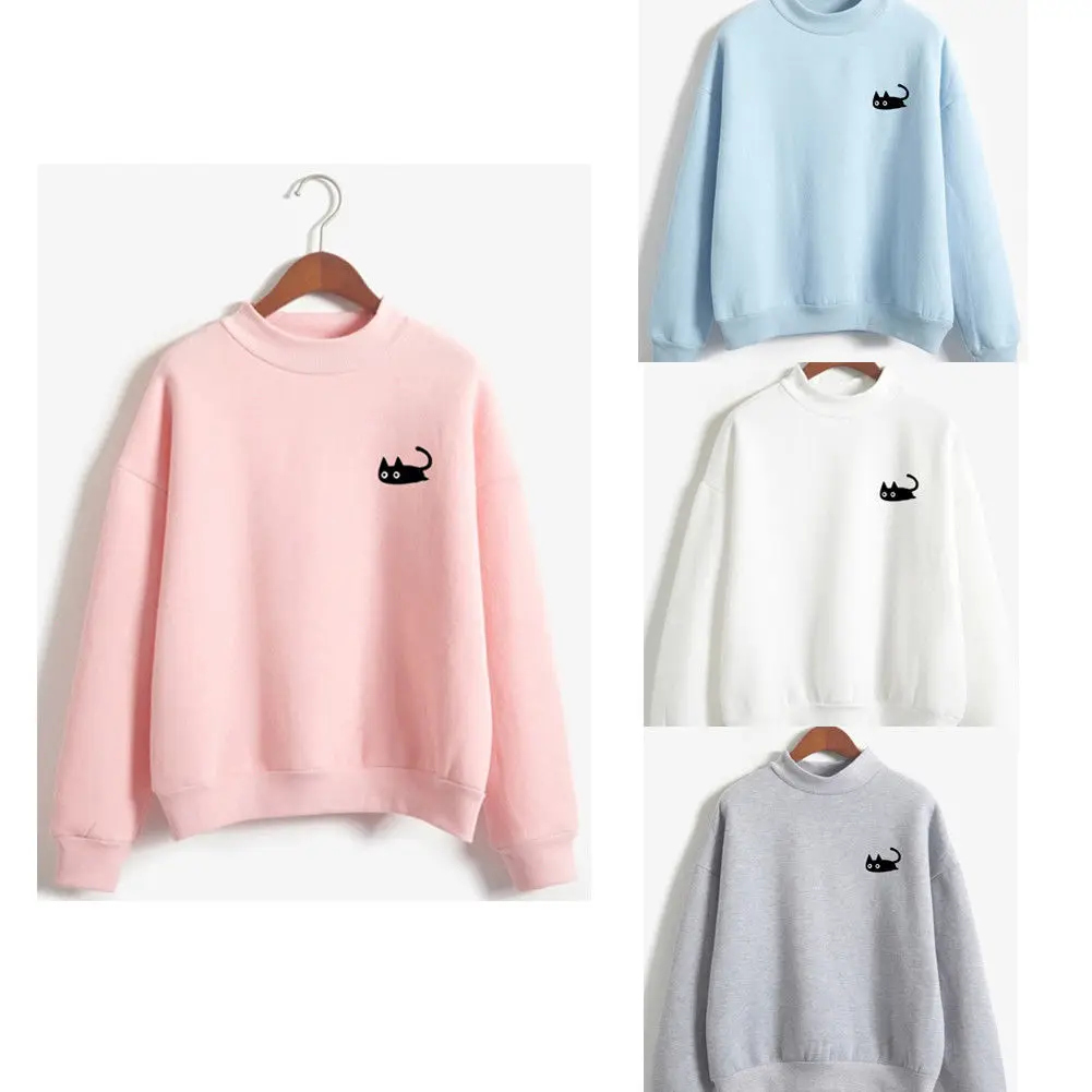 Embroidery Cat Printing Hoodies Sweatshirts harajuku Crew neck Sweats Women Clothing Feminina Loose Fleece Jumper Sweats Warm