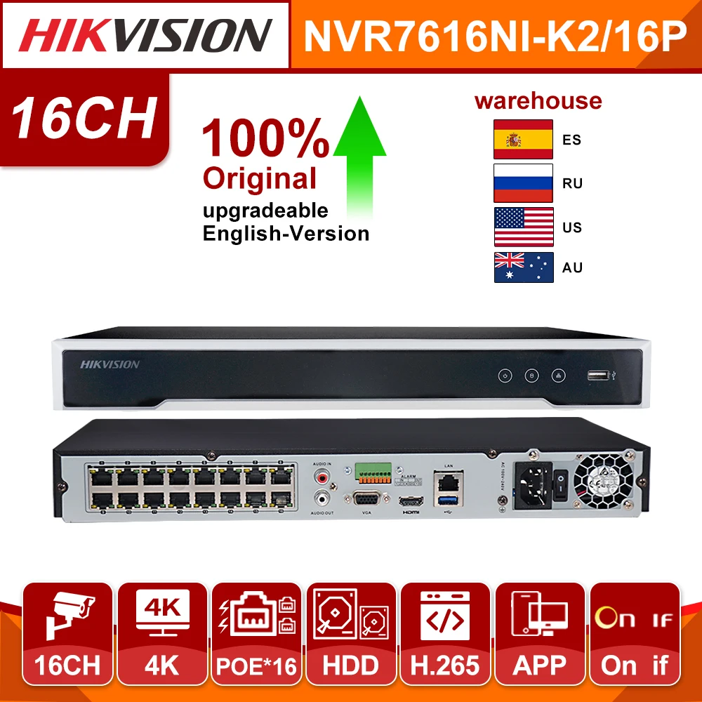 HIK POE NVR DS 7616NI K2/16 P 16CH H.265 12mp для поддержки ip камеры двухстороннее аудио