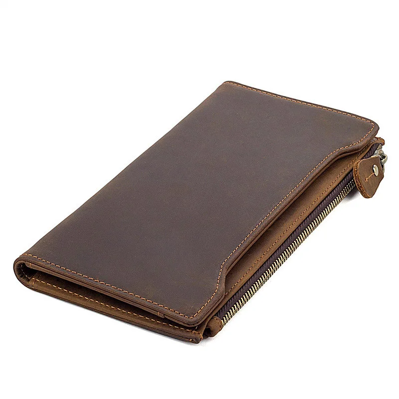 

High Quality Vintage Genuine Leather Long Wallet Men RFID Blocking Credit Card Holder Purse Zipper Business Moible Phone Wallet