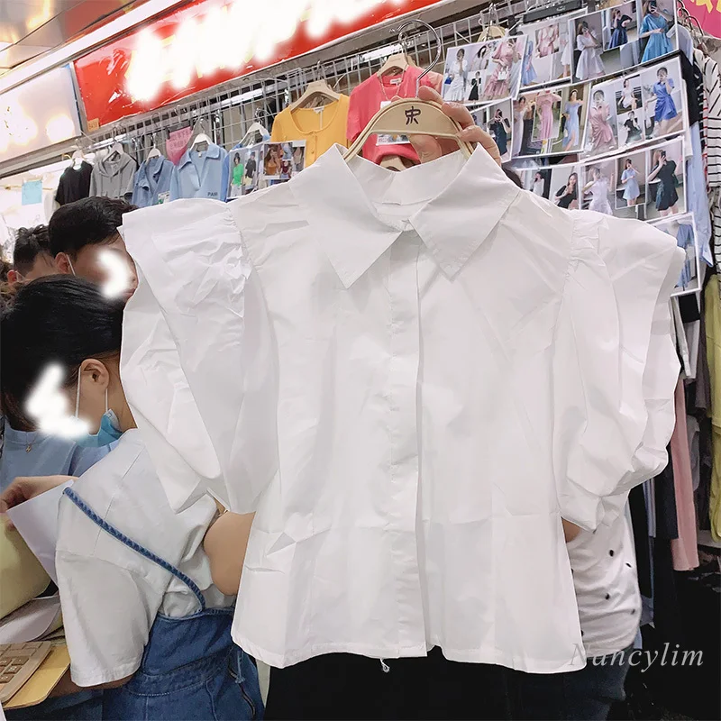 Temperament Lady Chic Top chemises d'été pour femmes, manches bouffantes, revers tout assorti, couleur unie, 2021