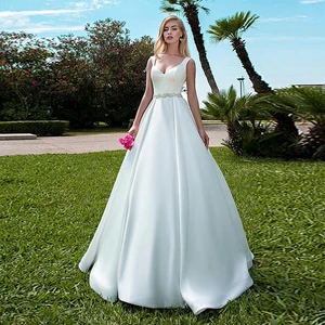 Sexy Satin V-neck Neckline A-line Wedding Dresses Simple Beading Waistline Outdoor Bridal Dress vestido noiva sereia