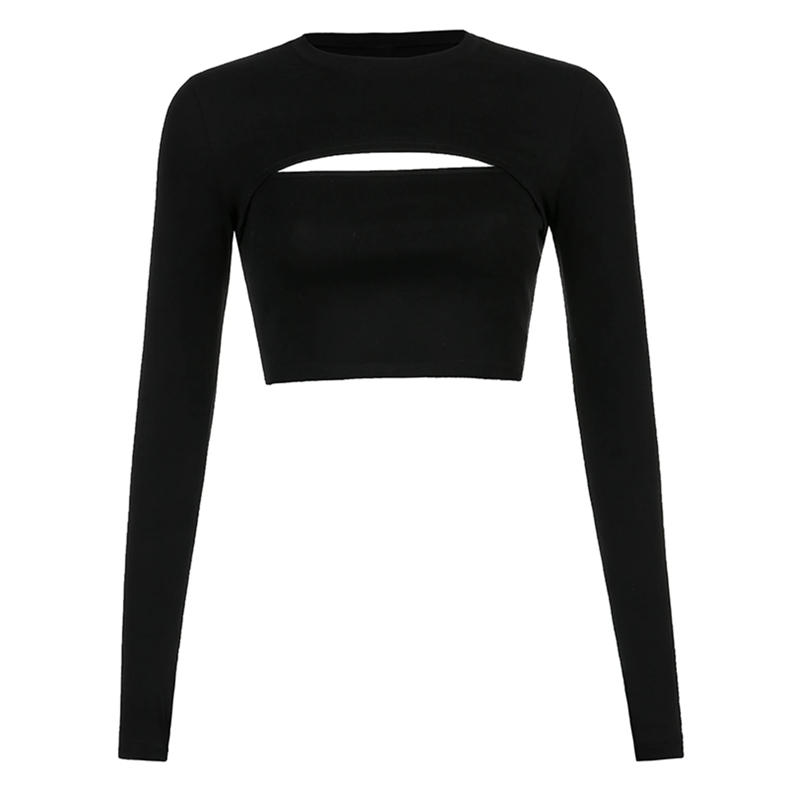 

2 Pieces Suit Set Female Solid Color Round Collar Long Sleeve Outerwear U-Neck Vest for Fall Black Khaki S/M/L