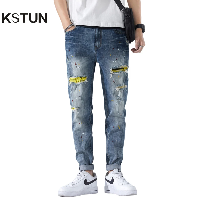 

Ripped Jeans Men Slim Fit Blue Stretch Spring Distressed Punk Jeans Painting Destroyed Jean Man Patchowrk Streetwear Motocycle