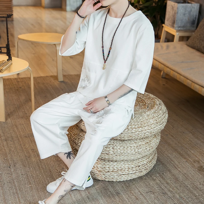 Японское кимоно с вышивкой Мужская одежда брюки футболка коротким рукавом