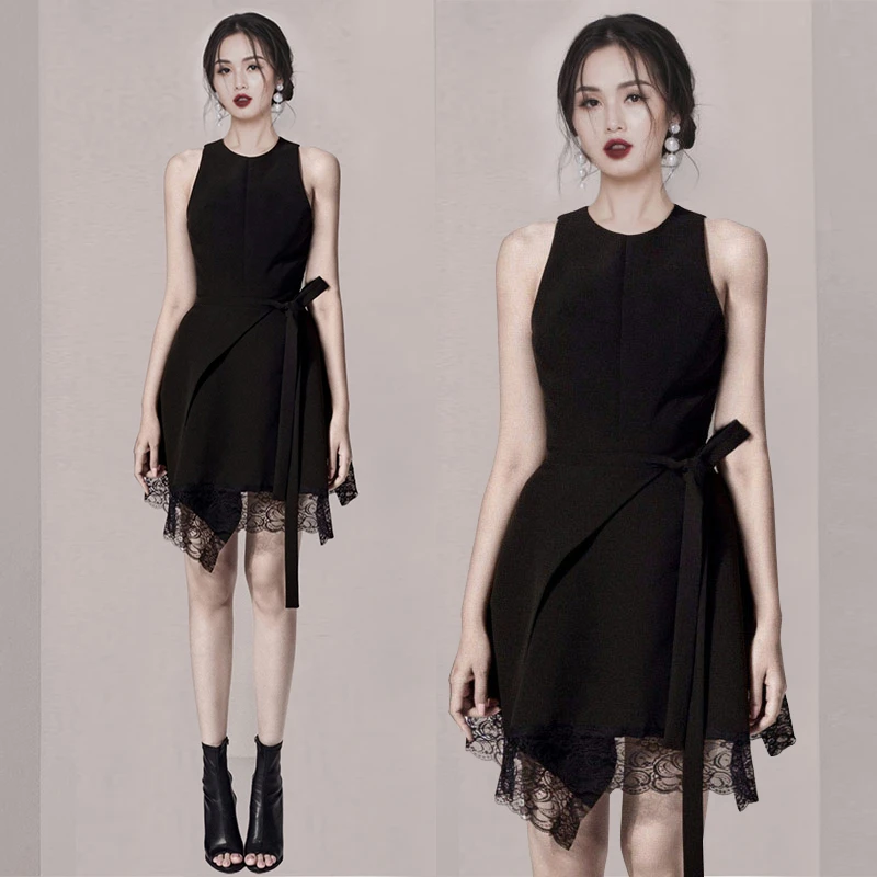 

High-end Fashion Women Summer Black Mini Dress Ladies Elegant Lace Stitching Sexy Sleeveless Solid Women's Party Dress Vestidos