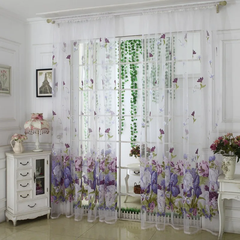 Purple Flower Tulle Curtains for Living Room Bedroom Kitchen Sheer Window Treatment Modern Short Curtain Panel Drape | Дом и сад
