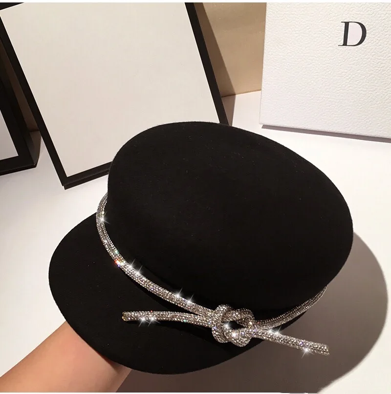 

Зимняя шапка для женщин, шерстяная шапка с камнями, однотонная, теплая, зимняя, женская, восьмиугольная, черные, кепки, береты