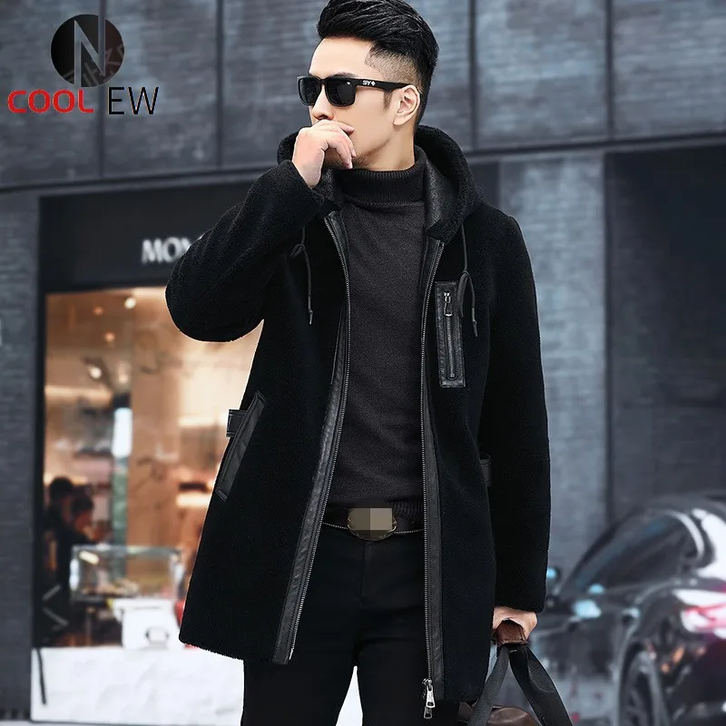 

Luxury Men Medium Long Wool Trench Coat Business Fashion Natural Leather Fur Hooded Coat Winter Streetwear Warm Slim Jacket