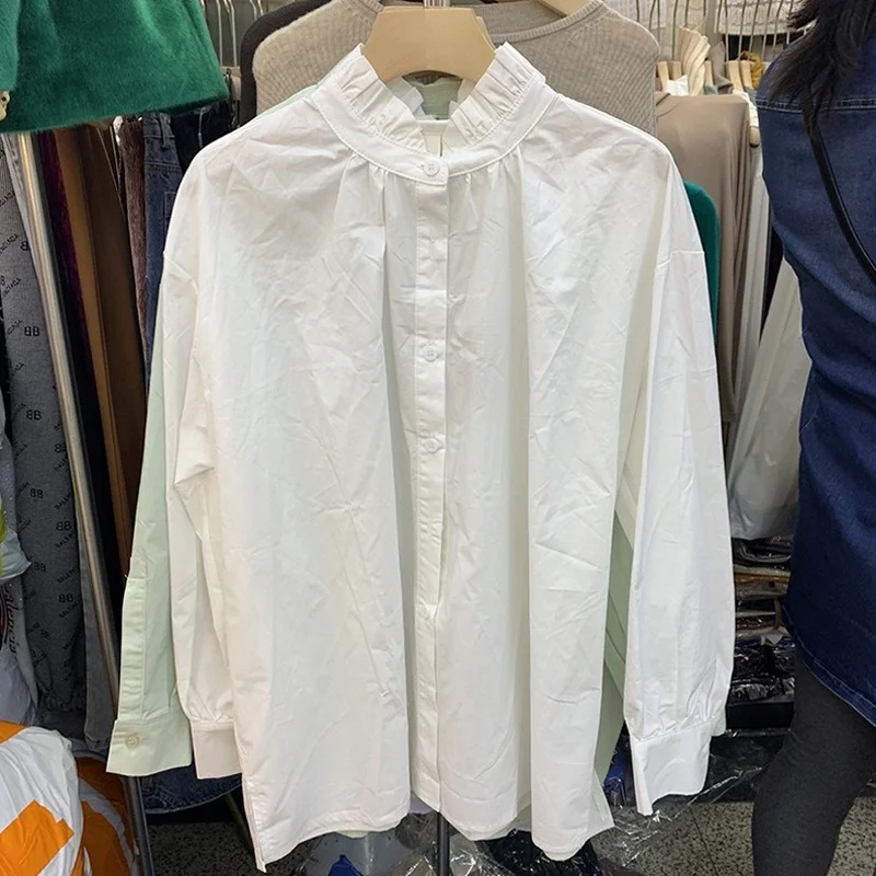 

Simple Solid Fungus Stand Collar Blouses Woman Buttoned Shirts Spring All Match Blusas Mujer New Long Sleeve Women Tops