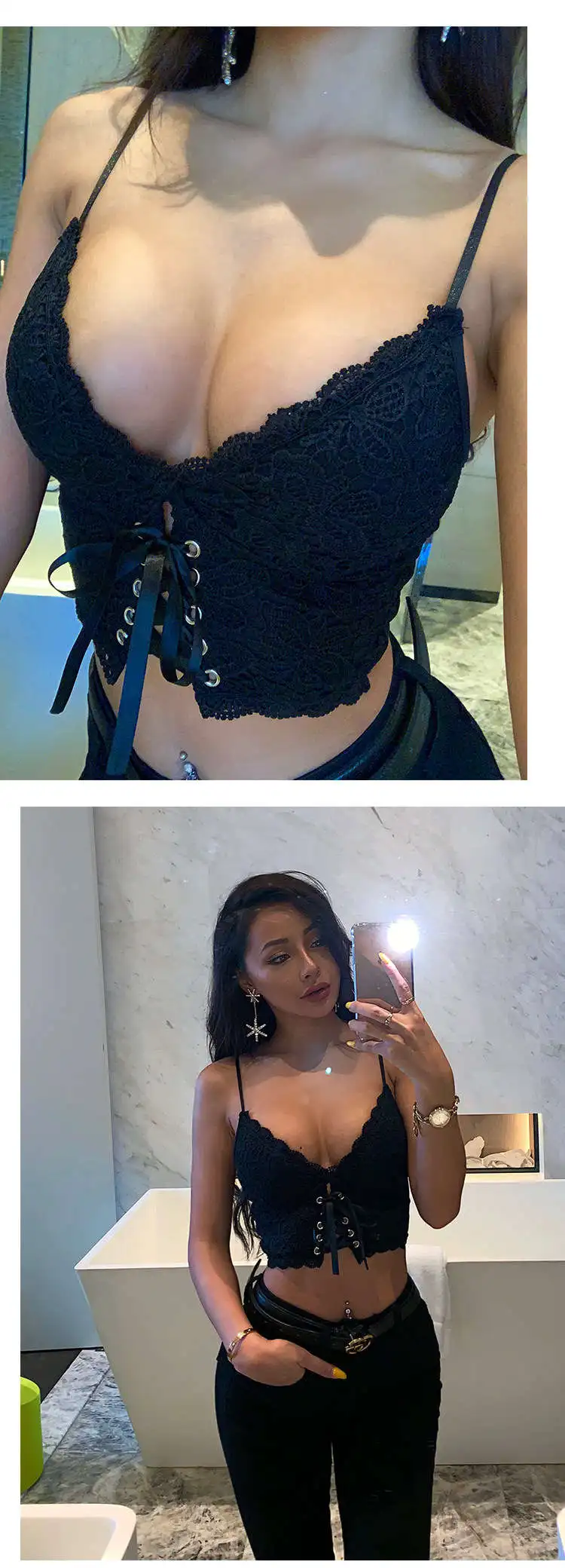XIBANI Sexy Lace Strap Backless Short Women Crop Top Nightclub Solid Black Lace Up Summer Beach Boho Women Camis Top Tank Top