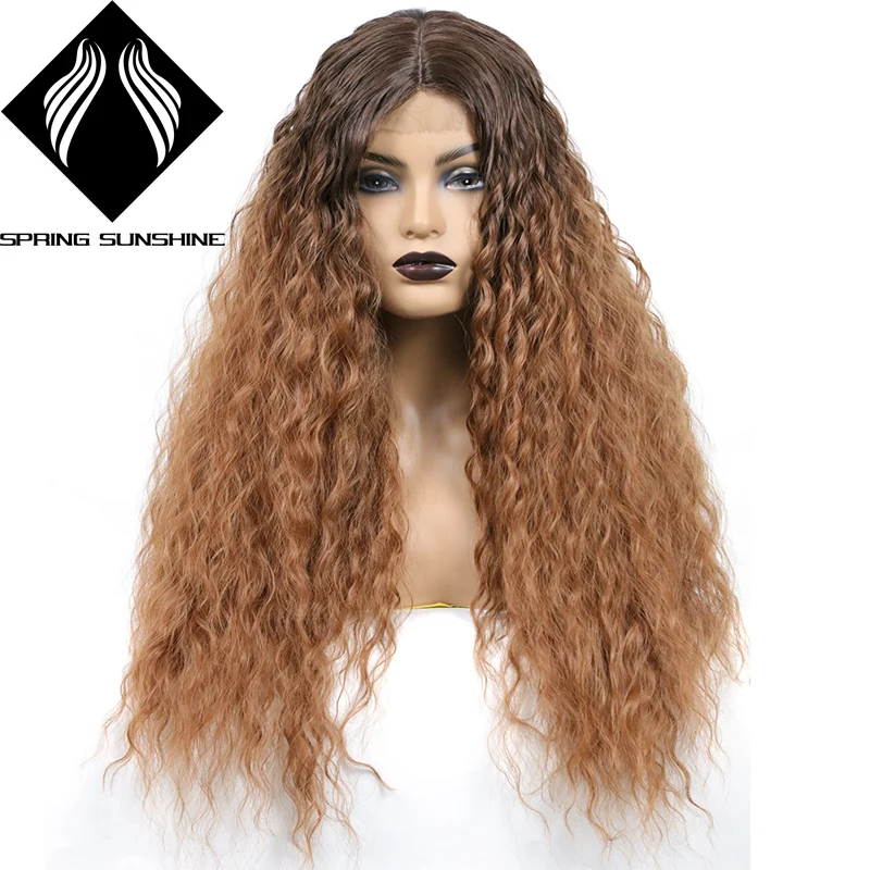 

Длинные Синтетические парики на сетке спереди для чернокожих женщин, 24 дюйма, длинные вьющиеся, Омбре, блонд, коричневые парики на сетке, сре...