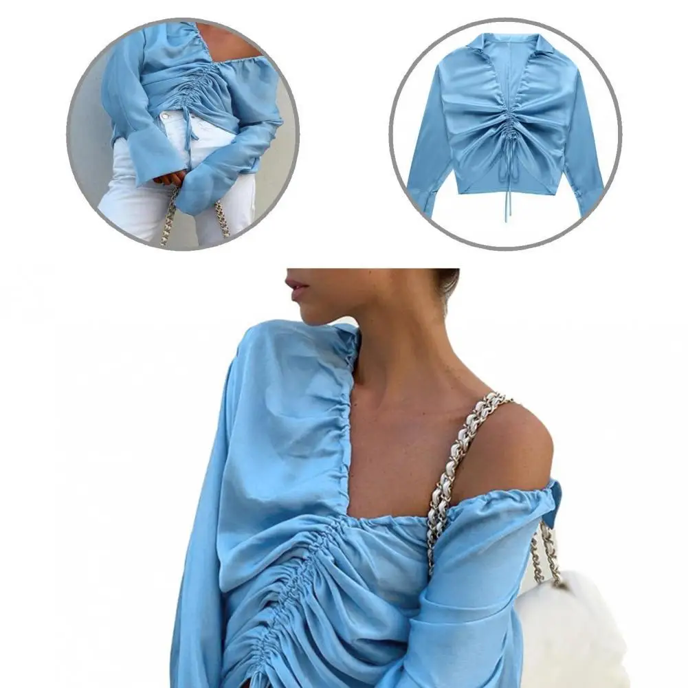 

Chic Sexy Shirt Ruched Skin-friendly Irregular Blue Satin Women Casual Shirt Autumn Shirt for Home
