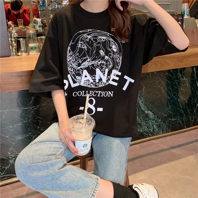 

Houthion New Print Women T-shirt Short Sleeve Top Loose Plus Size O-neck Tshirt Fashion Casual Cotton T Shirt Office Lady Summer