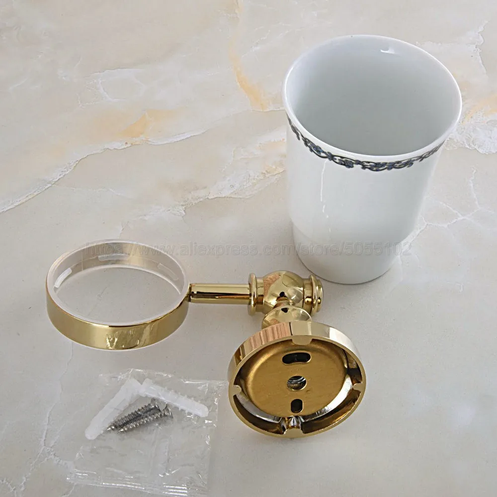 Латунный держатель для зубных щеток золотого цвета с одной керамической чашкой
